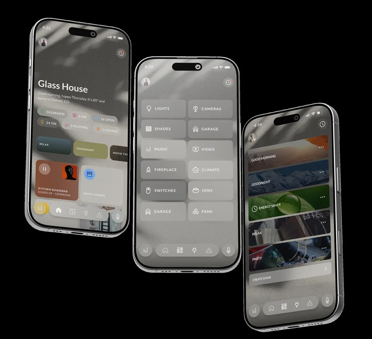 Three phones showing the Josh app home, rooms and scenes screens